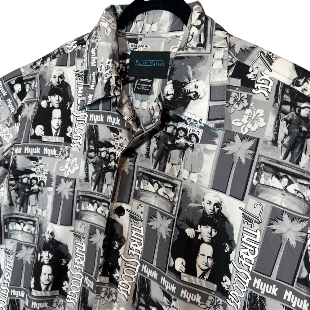Ralph Marlin‎ The Three Stooges Hawaiian Short Sleeve Shirt XL Black/Gray